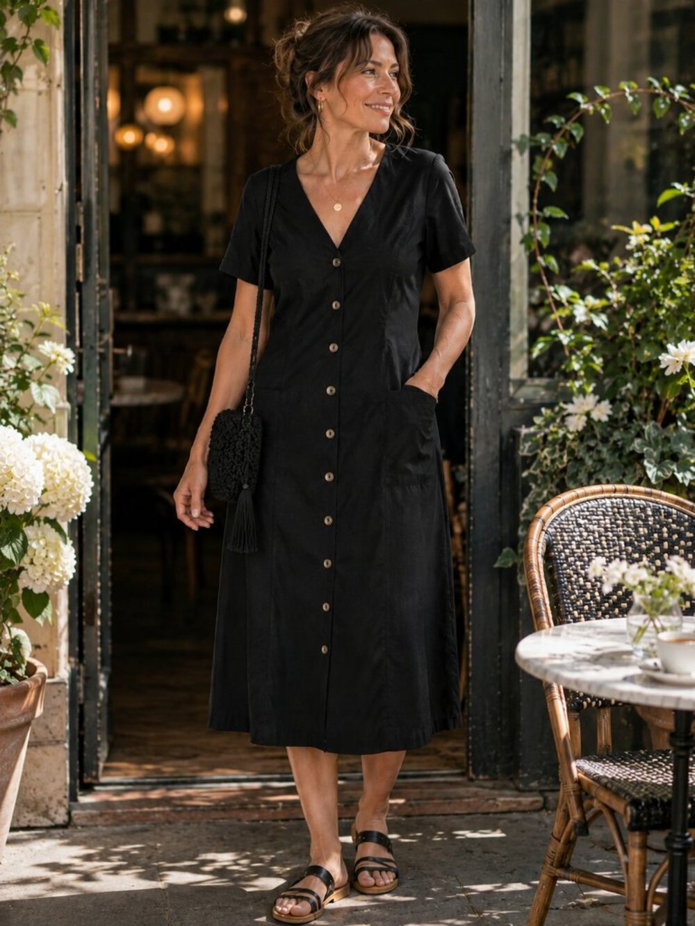 Primark Black Linen Blend Button Front Shift Dress Size 14